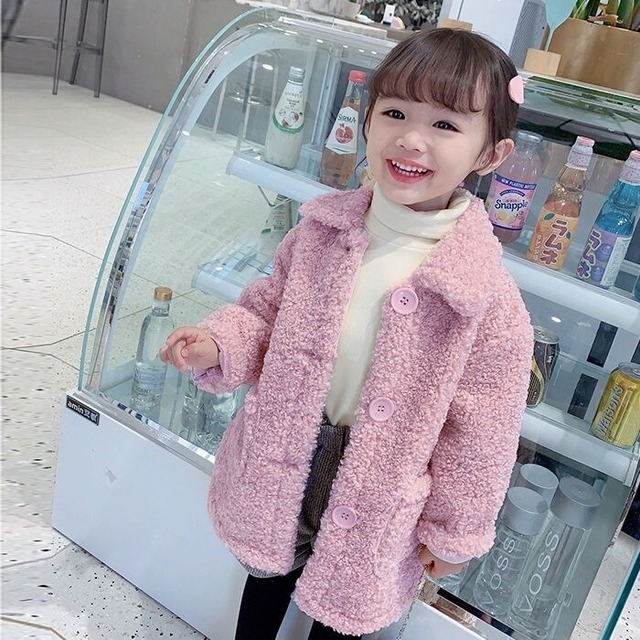 ★送料無料★ 4カラー ピンク 女の子 もこもこシングルコート 90cm〜140cm 秋 冬 韓国子供服