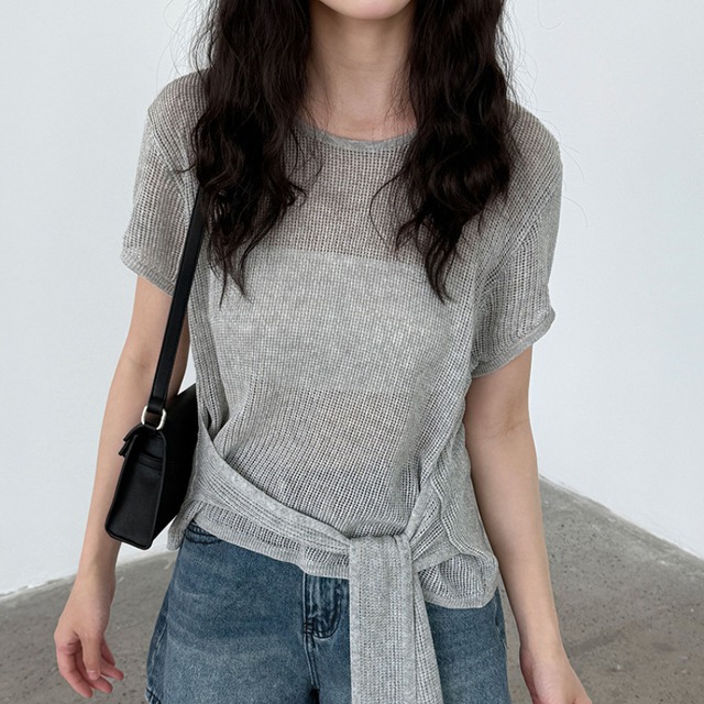 waist ribbon design sheer Knit top L0482