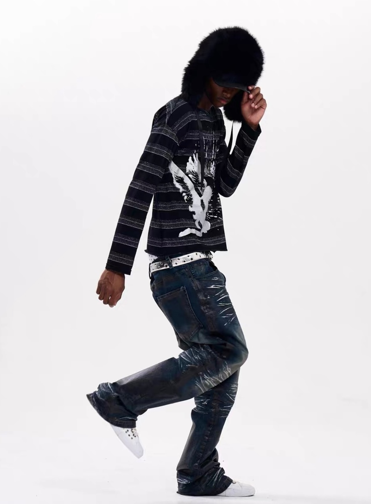 【Fourth3ex】Stripe Portrait Print Long Sleeve T-Shirt