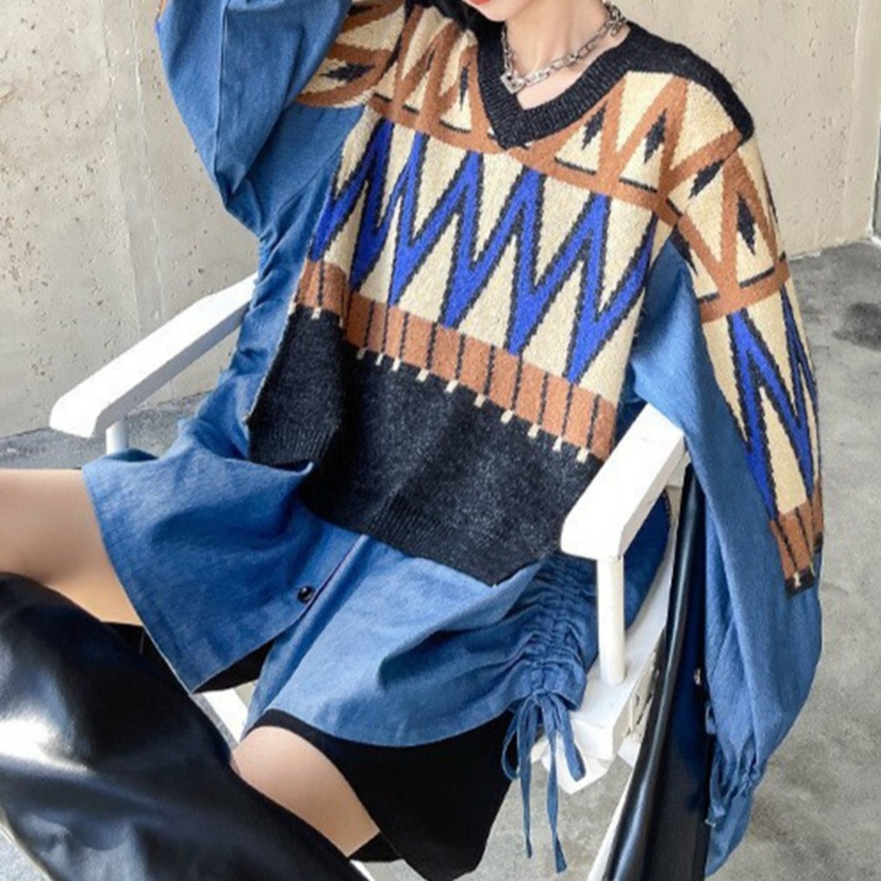 Patchwork Denim Knitting Sweater / パッチワーク デニム ニット セーター