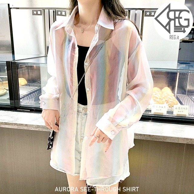 【REGIT】AURORA SEE-THROUGH SHIRT-WHITE S/S 韓国ファッション トップス 長袖 シャツ ブラウス シースルー 透け感 オーロラ 羽織シャツ 個性的 10代 20代 プチプラ 着回し 着映え ネット通販 TTB045