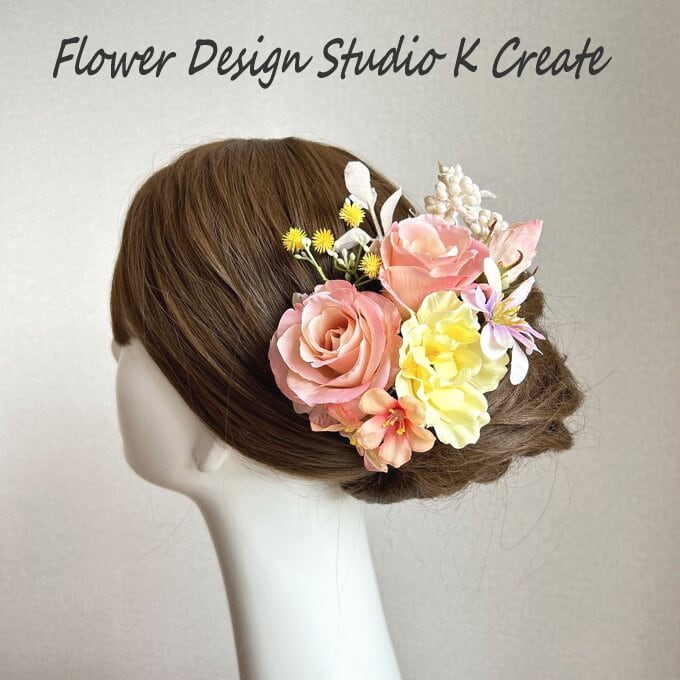 ピーチカラーの薔薇と黄薔薇のヘッドドレス ウェディング 結婚式 成人式 袴 髪飾り ヘッドピース ピーチ イエロー オレンジ