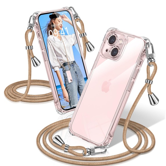 XIOYATY iPhone 15 対応 ケース クリア ショルダー 肩掛けストラップ付き 四隅衝撃吸収設計 カメラ保護 斜め掛け