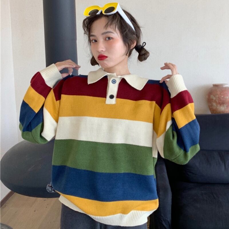 ストライプセーター レディースルーズスタイルカラーコート トップス ロング YY-ファッション74376300662