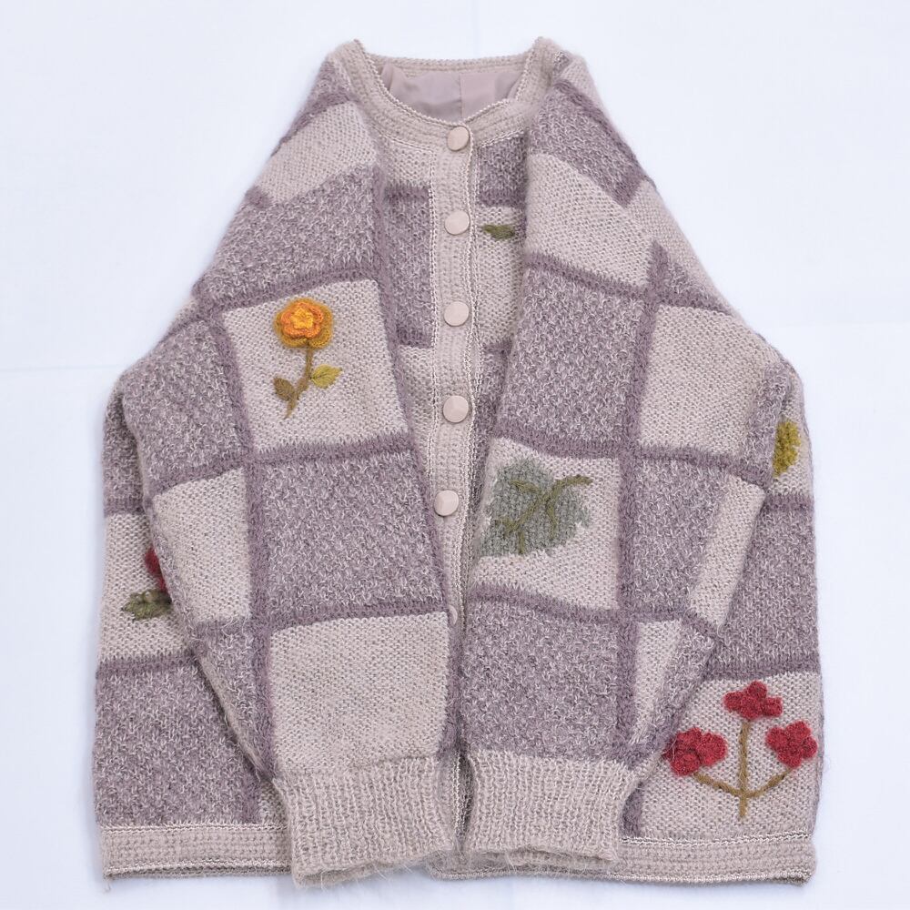 迷彩柄 毛足長め モヘア ニット カーディガン 昭和レトロ 緑系MIX  