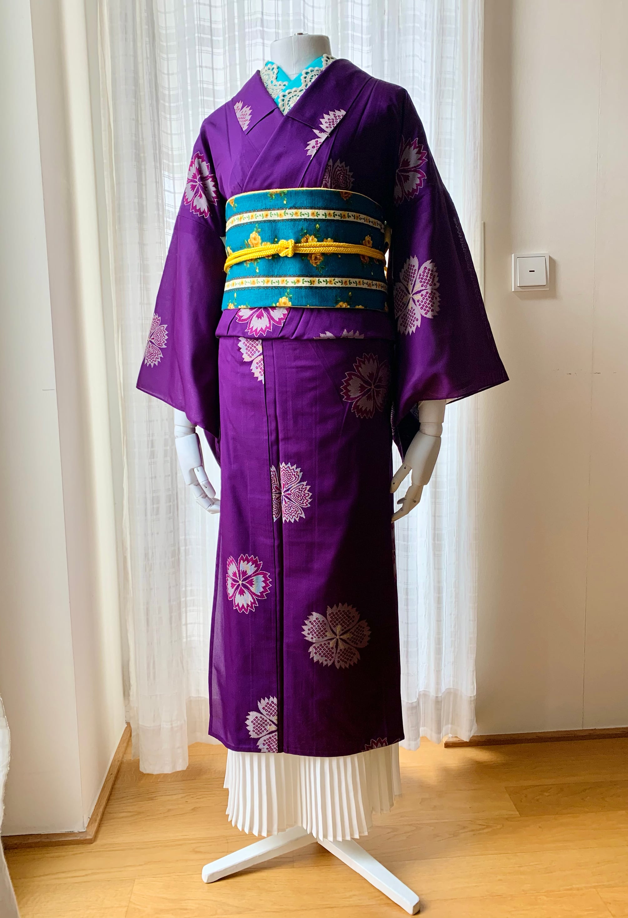 半幅帯 “アンティークフラワー” ターコイズブルー | あとりえ黒猫