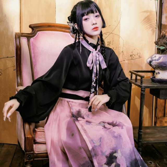 【古怪舍---蝶吟シリーズ】★チャイナ風トップス★ シャツ 長袖シャツ 蝶々 リボン ブラック 黒 可愛い