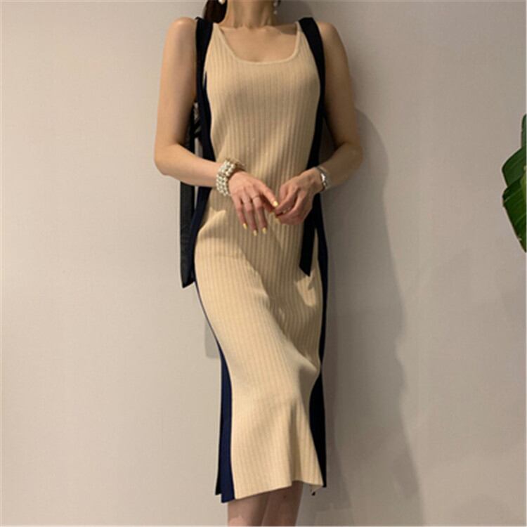 一気に大人モード 韓国ファッション 蝶結び バンディング スリット 袖なし ベスト ニット ワンビース