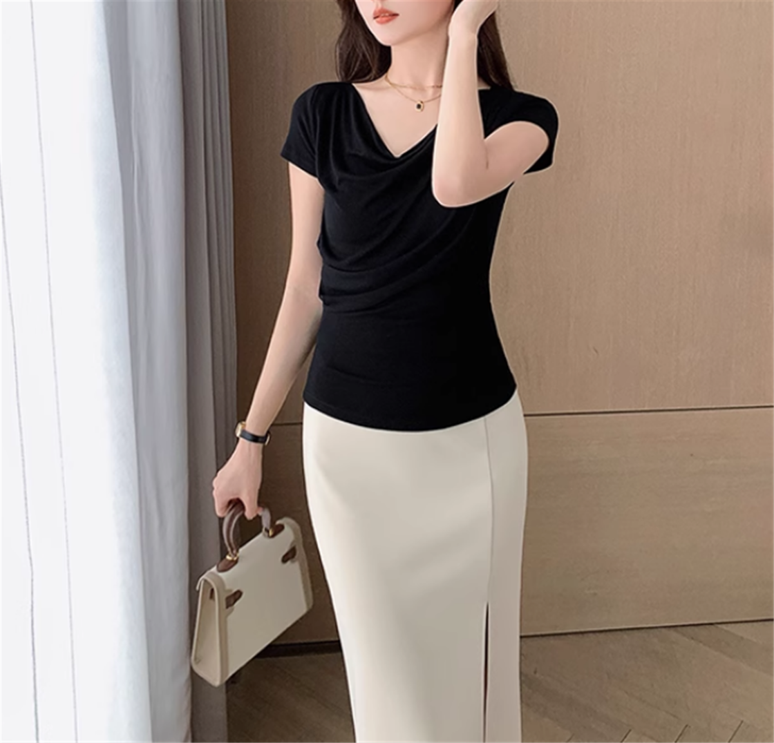 tシャツ DRAPE NECK CUT TOPS ドレープネックカットトップス 春服 夏服 