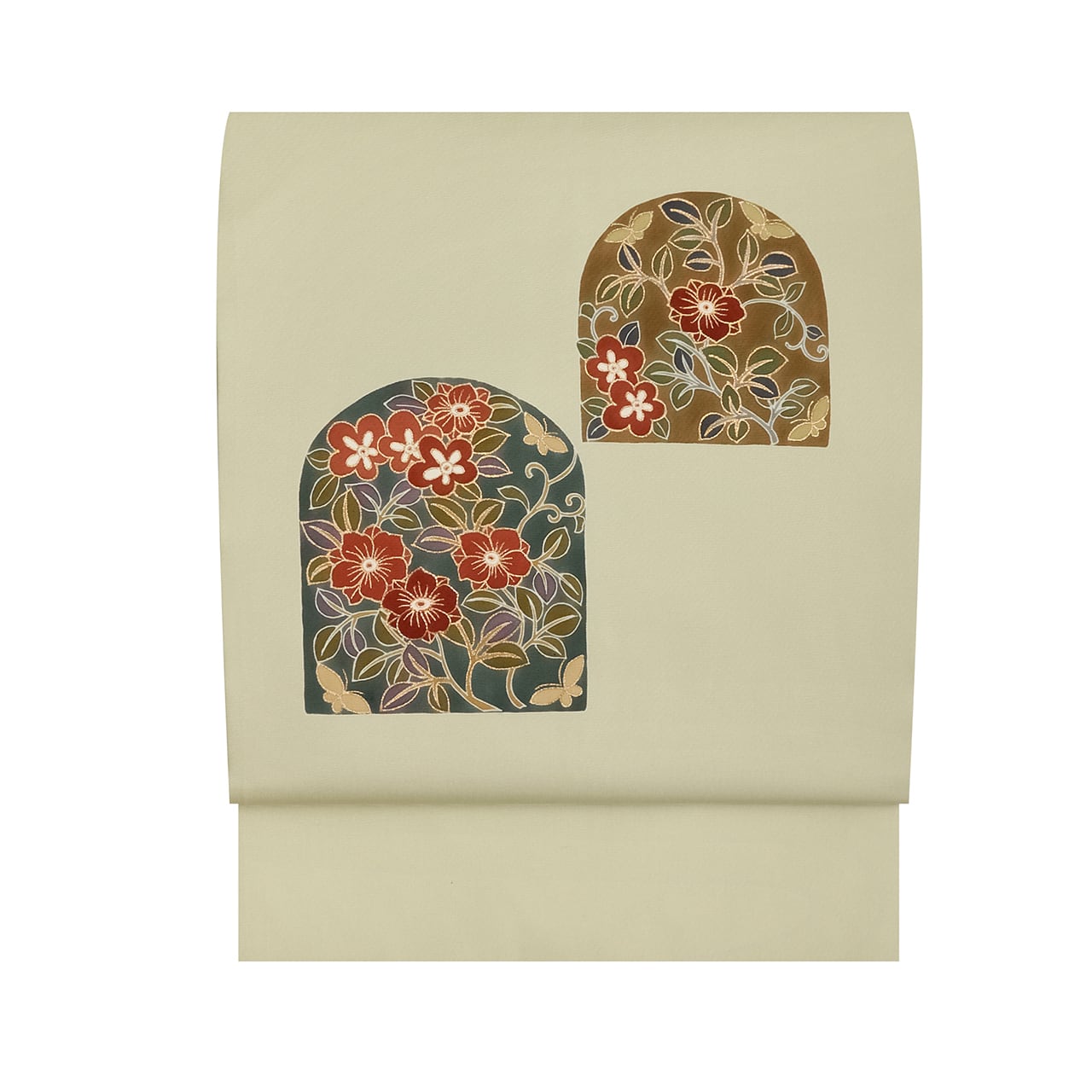 菜の花に蝶々の模様 手刺繍名古屋帯【中古】 | かわの屋