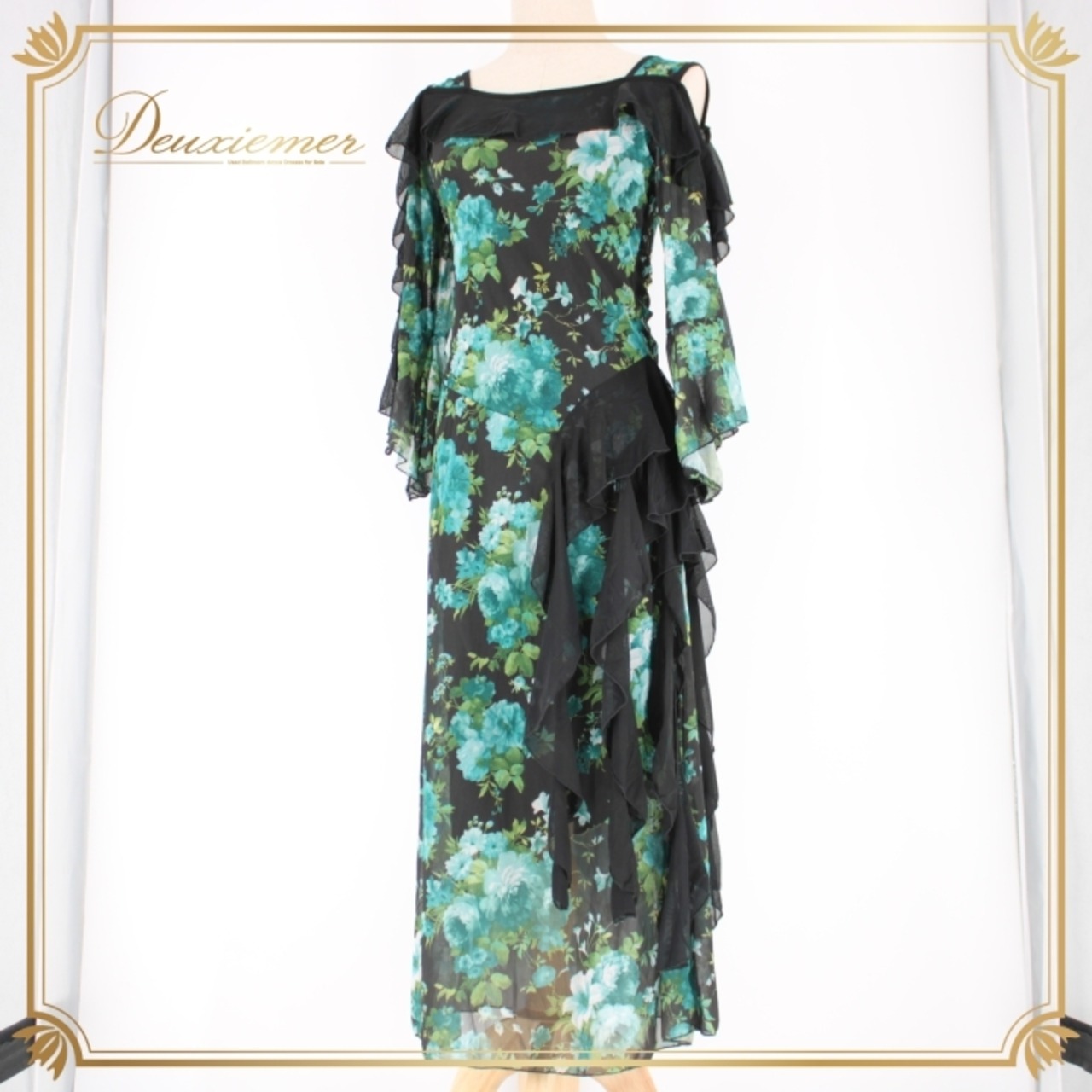 社交ダンス 衣装 スタンダード ドレス ワンピース レッスンウェア パーティ衣装 黒 緑 ICHIOKU イチオク ブラック系 グリーン系 花柄 長袖 花柄ドレス フラワープリント ワイドスリーブ エレガント コーディネート ドレスアップ フォーマル ショールカラー パーティー用 レディース 大人の女性用 社交ダンス用衣装 レッスン用 ステージ衣装 おしゃれ 着心地良い おすすめ デザイン特長 色合い ロングドレス 軽やか 柔らかい素材 ストレッチ素材 通気性良好