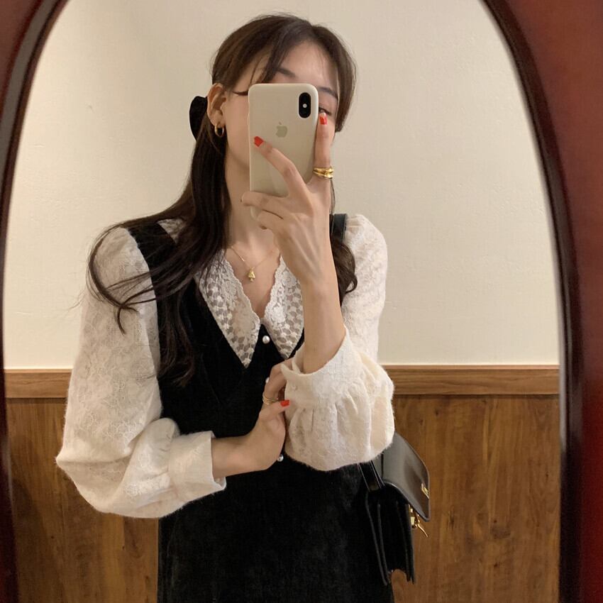 スタンダードレースVネックベルベットスカート 薄手長袖スリーブドレス レディース ロング レトロ ステッチ ビッグFスモールZ韓国51121060061