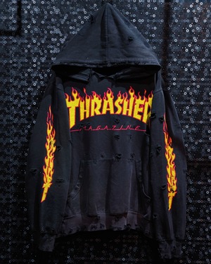 【ÆIEM】original”boro”remake THRASHER MAGAZINE flame logo & sleeve fire print black pullover hoodie