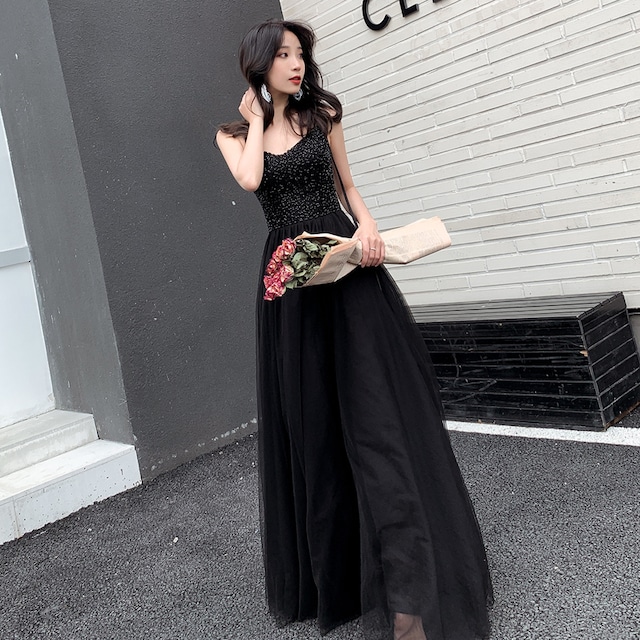 パーティードレス キャミソール 肩リボン ビーズ 異素材 ドッキング  