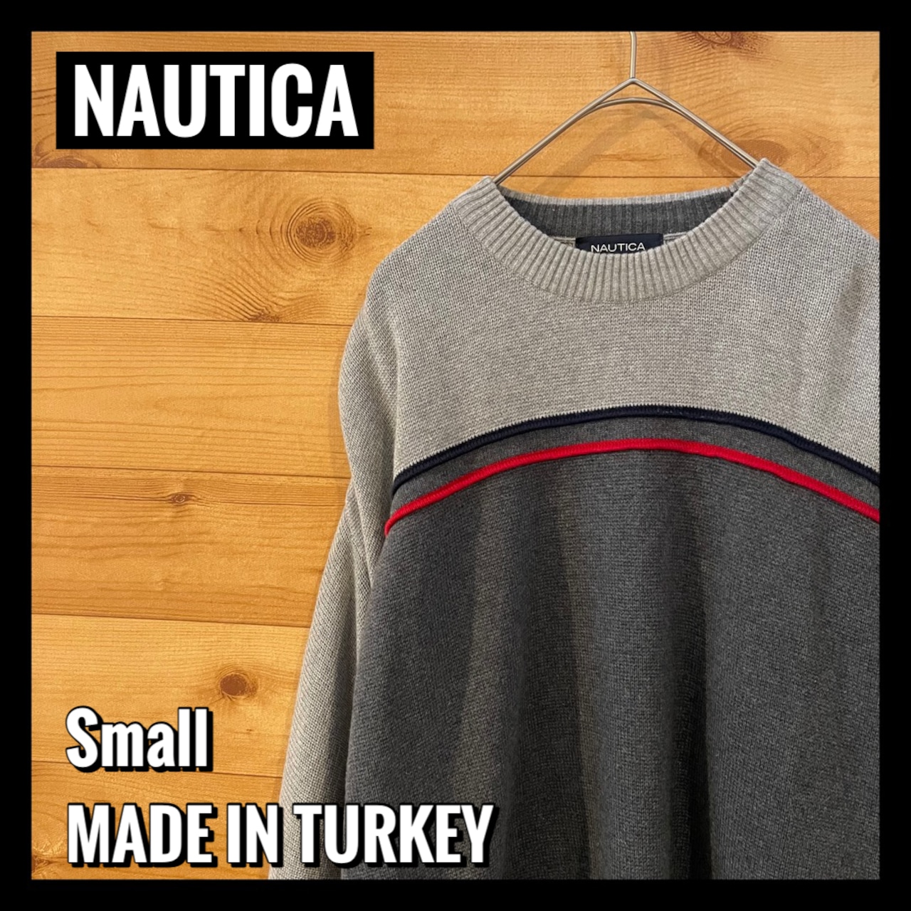 【NAUTICA】トルコ製 ニット セーター ライン 切替 刺繍ロゴ Mサイズ  US古着