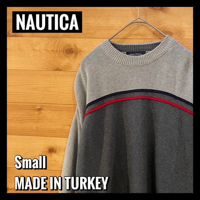 【NAUTICA】トルコ製 ニット セーター ライン 切替 刺繍ロゴ Mサイズ  US古着