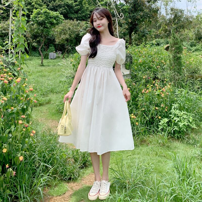 サマースタイルスリーブドレス ハイウェストウェストロングスカート カラー 大人ガーリー スウィート キュート カジュアル 夏物 スクウェア 萌量不足13940433173