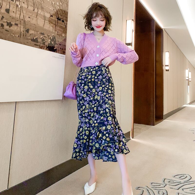 スタンダードフローラルハイウェストウェストスリムダブルスカート オータム レトロ 秋物 花柄 MIUCO59444095652