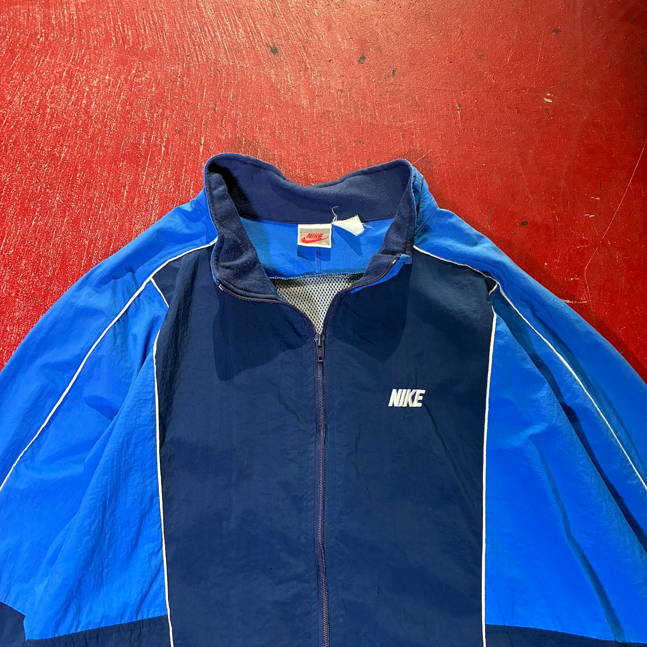 90s 銀タグNIKE ナイロンジャケット　水色×ネイビー　ドローコード　ナイキ
