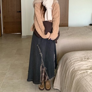 fringe patchwork denim skirt　J00378