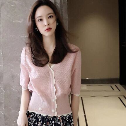 カーディガン トップス ニットソー 羽織り 白トップス 袖あり 半袖 5分