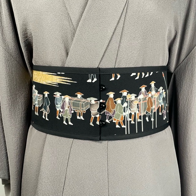 コルセット帯（大名行列・黒留袖より制作）Corset Obi(Daimyo's procession・Made of Kurotomesode-Kimono)