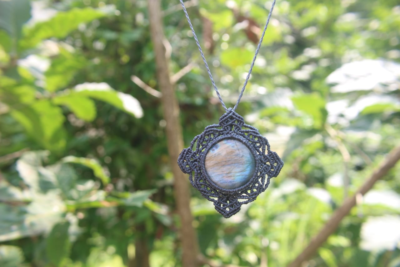 Multi color Labradorite micro macrame mandala pendant