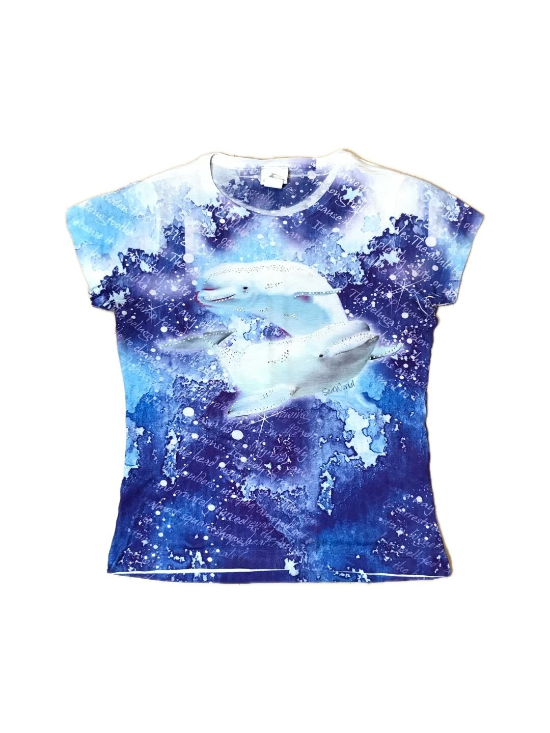 2000s USA Vintage Blue Purple Dolphin Galaxy All Over Print Rhinestone T Shirts