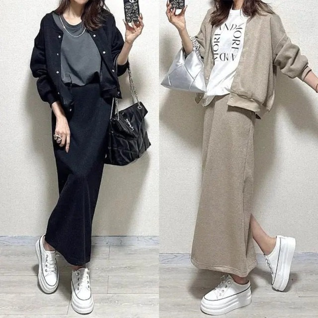 Two-piece set button-front cardigan top with collar + straight-cut skirt (SN387)