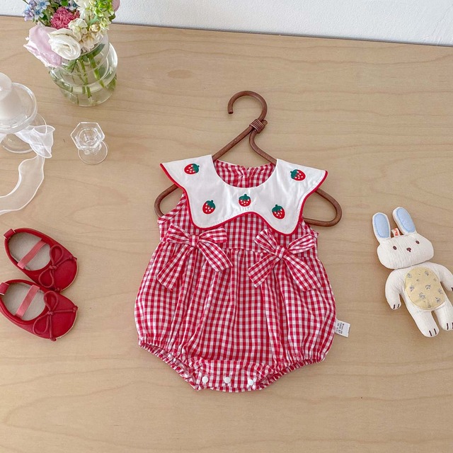 【BABY】ストロベリー刺繍チェック襟付きロンパース - 9