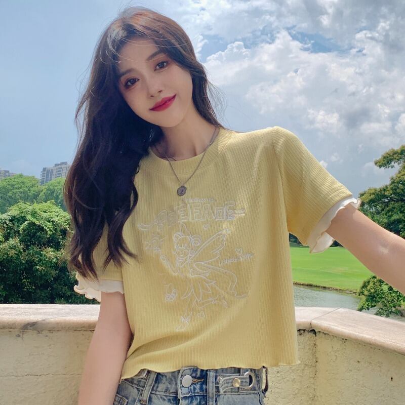 Tシャツ サマールーズ薄手トップス レッド 刺繍 夏物 YY-ファッション21617209043