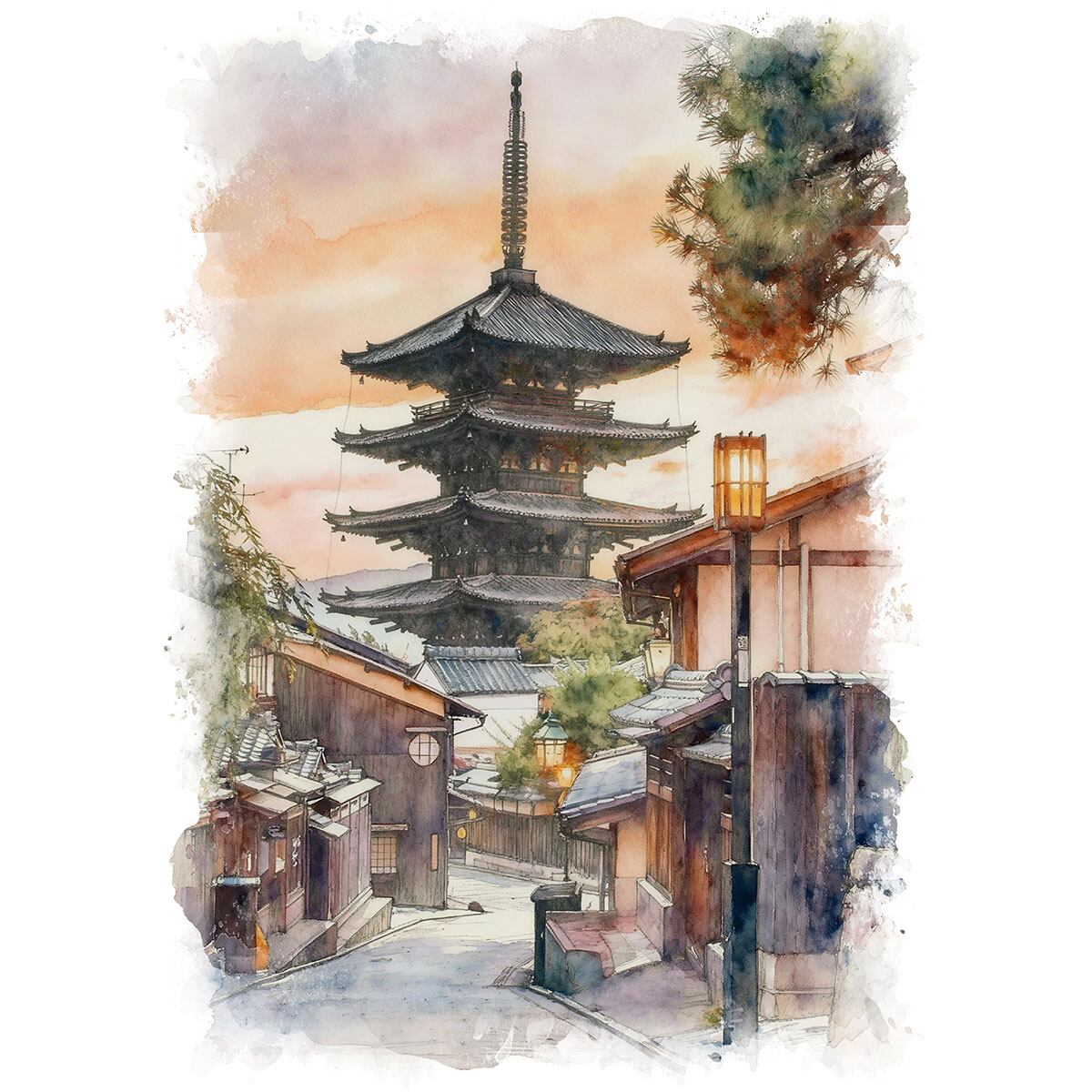 絵画 風景画 日本 京都府 法観寺の八坂の塔 インテリアアート額付き 水彩画風 WAT1693