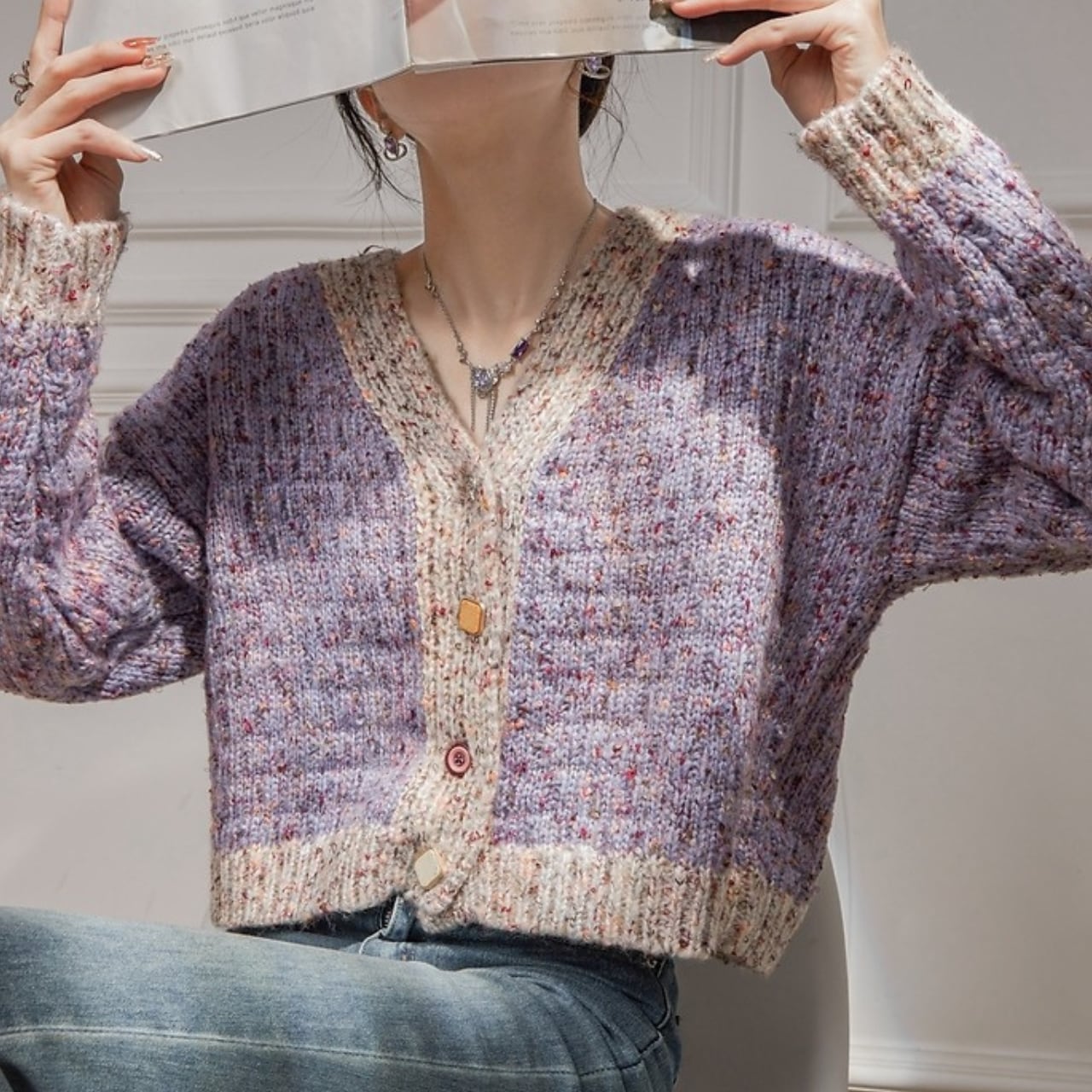 ツイード調 パープル ショート ニット カーディガン 341128