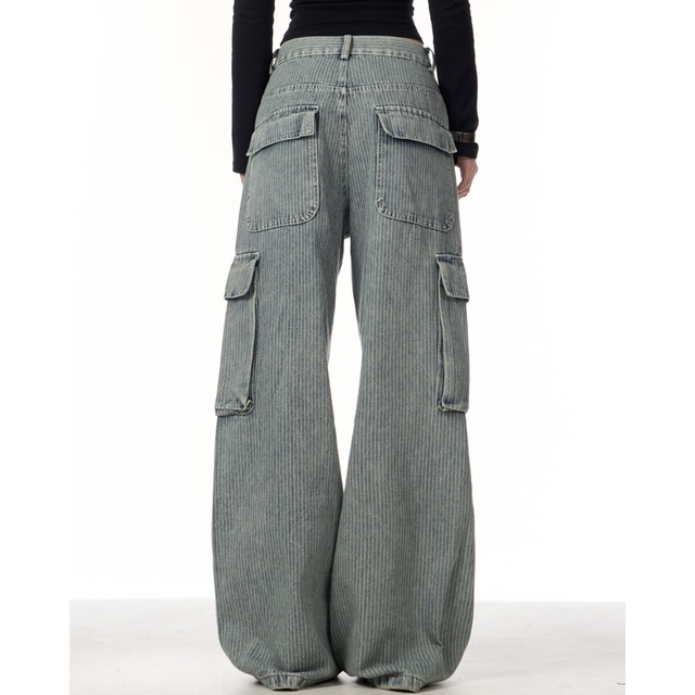 stripe embroidery point cargo denim　ストライプ刺繍ポイントカーゴデニム　J0665