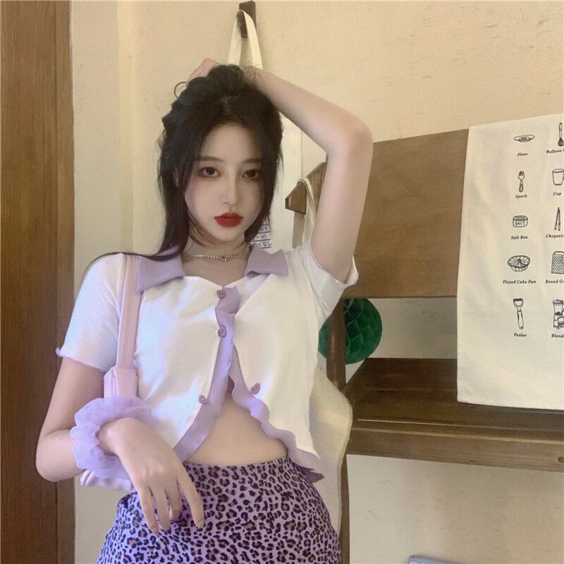 へその外側に薄いBMスモールカーディガンが付いた半袖ニットセーター。ウィメンズサマー2020ニューショートアウタージャケット ブラックストロベリース73228155941