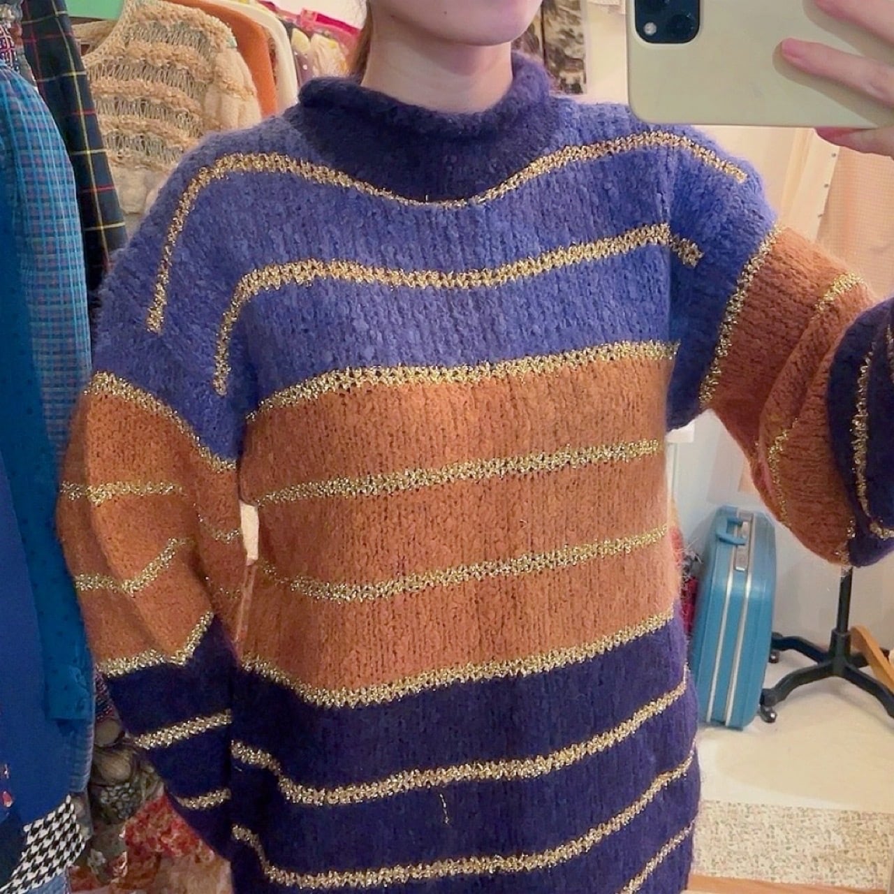 purple lame gold high necked sweater