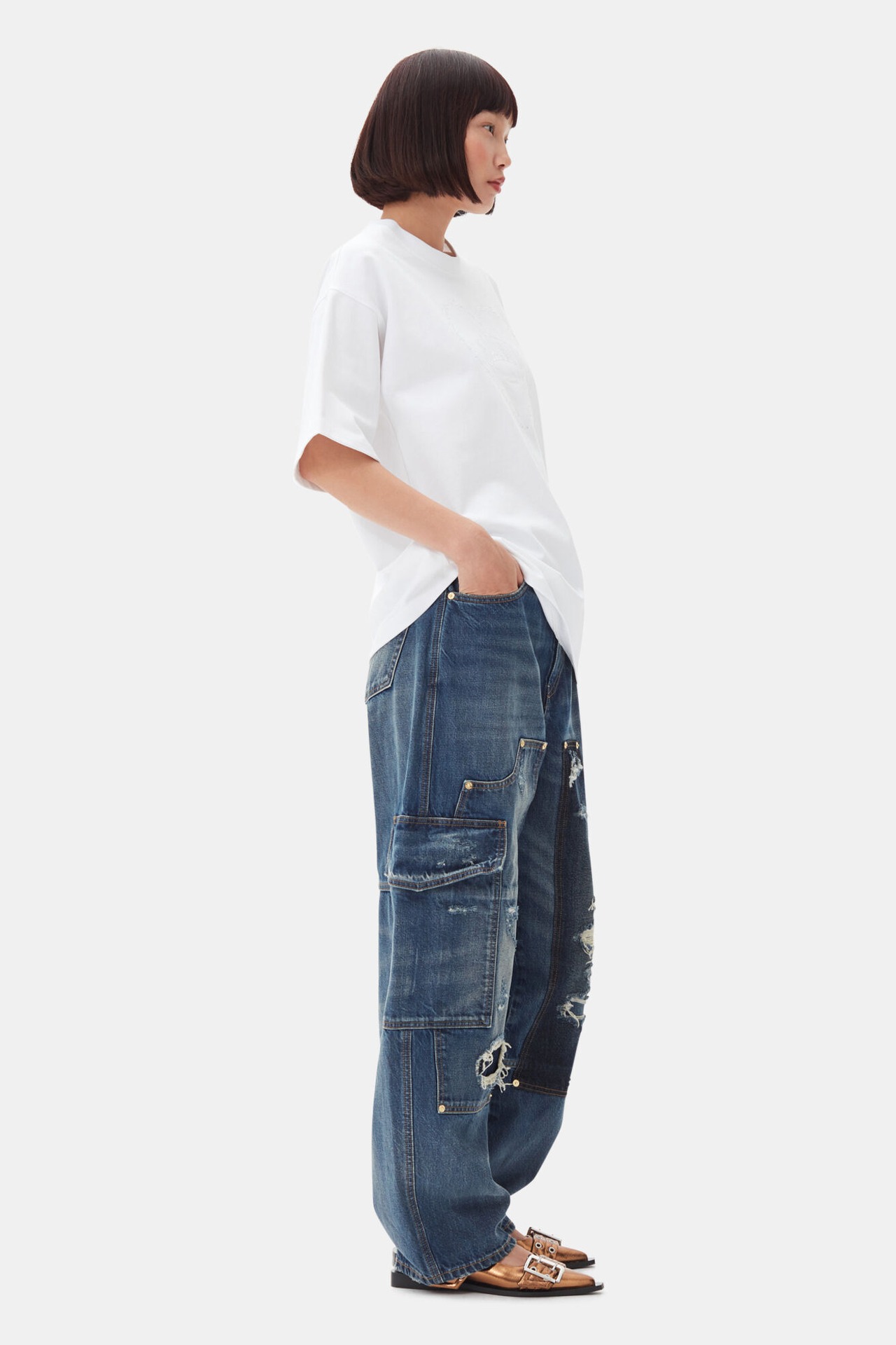 【25SS】GANNI ガニー / WHITE HEAVY COTTON DROP SHOULDER HEART T-SHIRT / ヘビーコットンTシャツ - 3