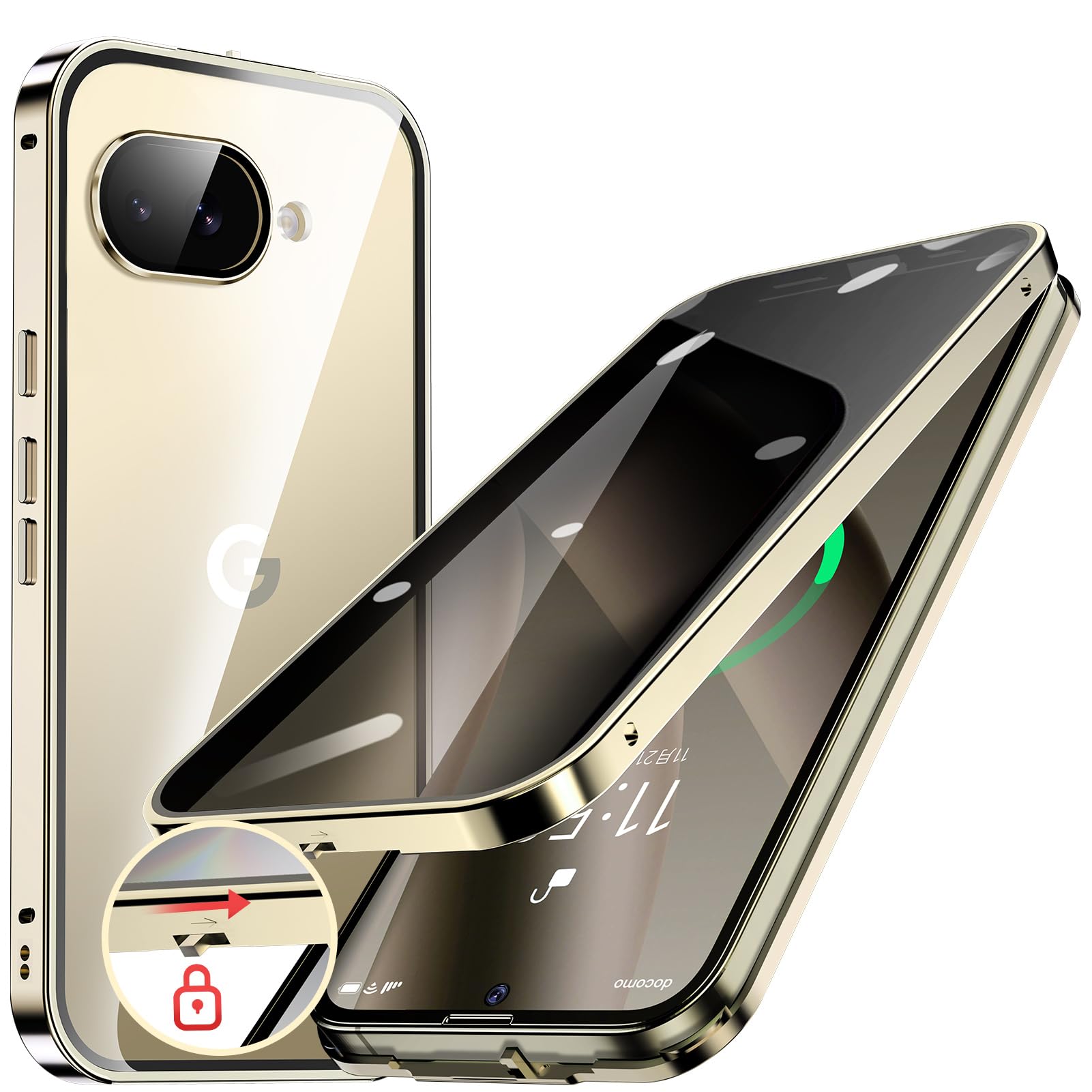HGUTREY【覗き見防止・自動ポップアップボタン】Google Pixel 10a 用 ケース【ロック付き】一体型レンズ保護(ゴールド)