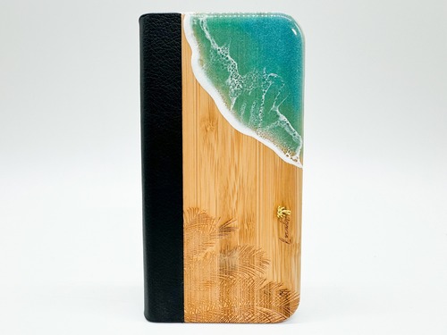 Palm leaf&wave/wood×resin green wave 手帳型case(bamboo)