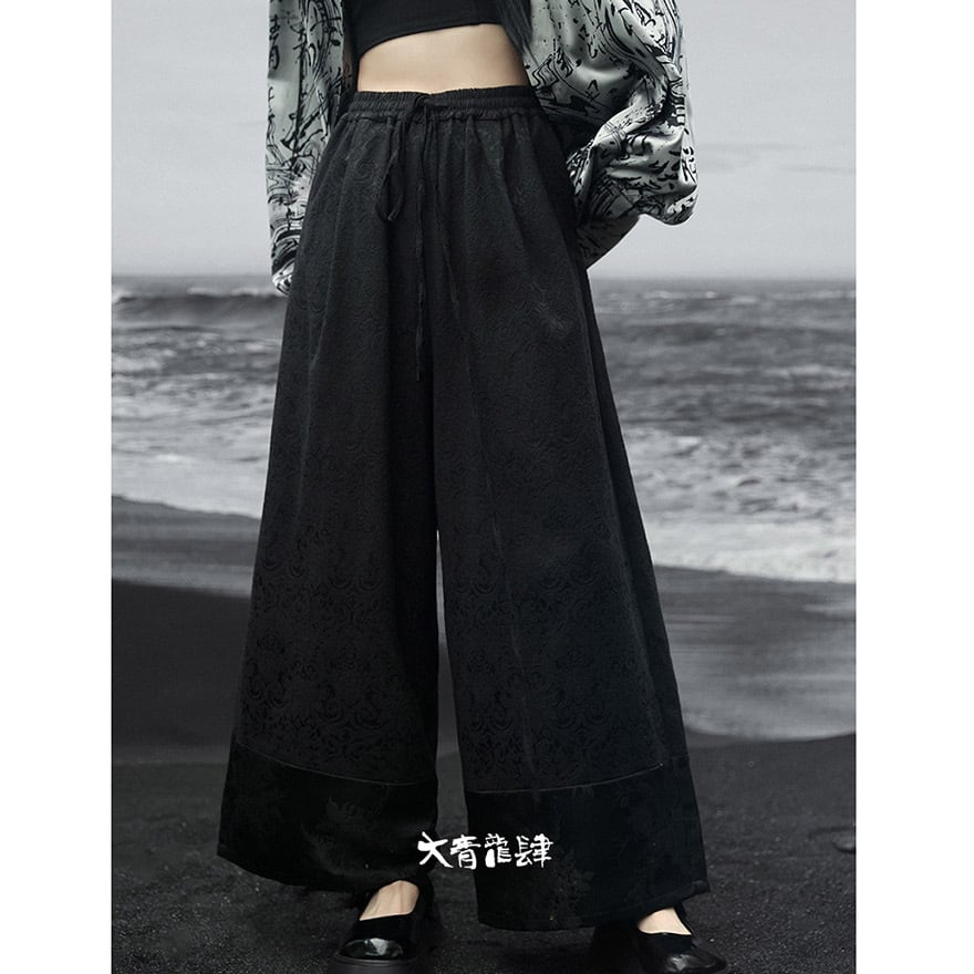 サブカル 服 地雷系 通販 ワイドパンツ ジャガード ステッチ ルーズ ウエストゴム チャイナ風 中華風デザイン 大人かわいい