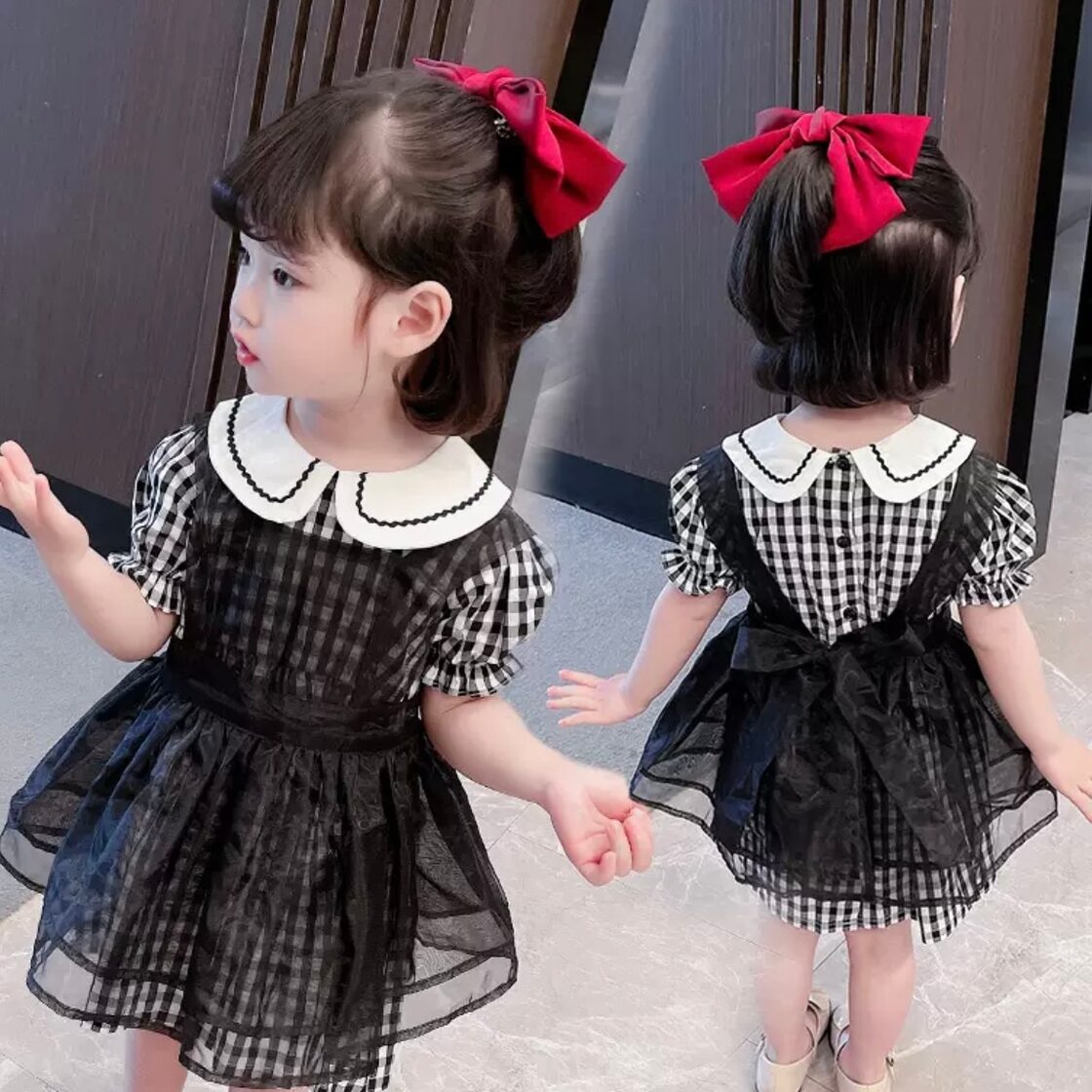 子供服 80〜130 半袖 パフスリーブ チェック柄 フレアワンピース 