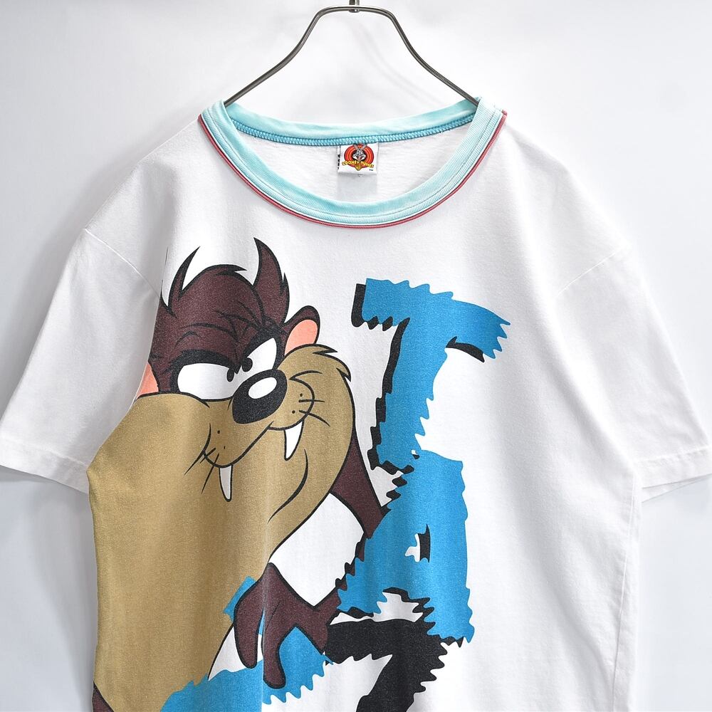 90s LOONEY TUNES ルーニーテューンズ 半袖Tシャツ TAZ タズマニアンデビル ビッグプリント リンガー キャラクター アニメ アメカジ ホワイト USED ヴィンテージ ビンテージ 古着 メンズ Lサイズ
