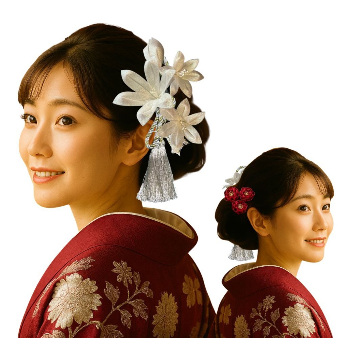 華結び ― 白百合と椿 -白銀彩 ｜成人式 髪飾り つまみ細工 白×赤 振袖・卒業式・結婚式におすすめ 和装ヘアアクセ（S055）・画像2