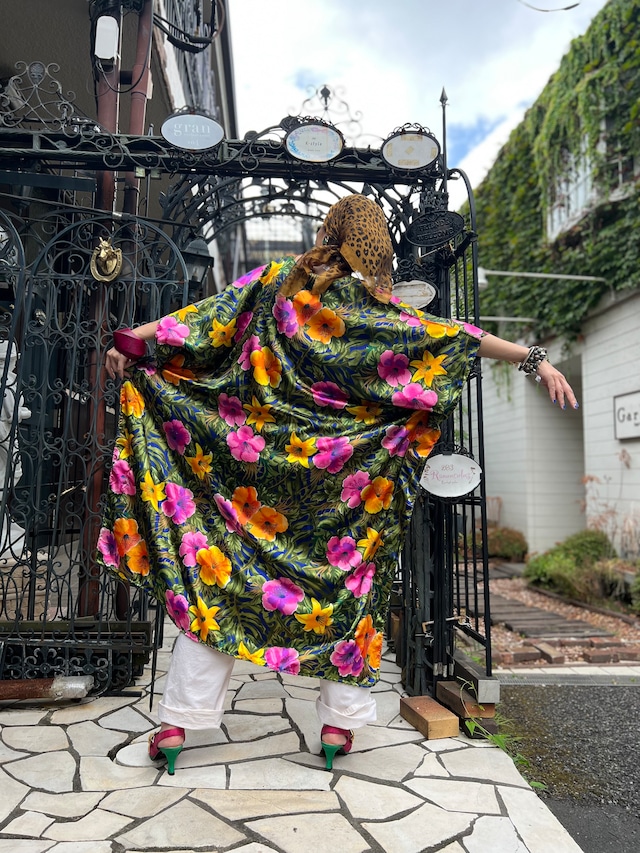 Vintage navy × green floral poly dress ( ヴィンテージ ネイビー × グリーン 花柄 ポリ ワンピース )