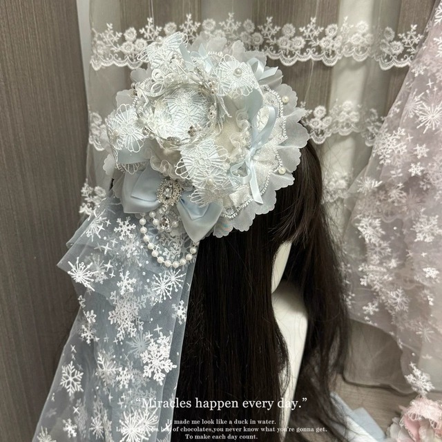 雪花ベールの戴冠式 クラウンリボンレース甘ロリミニハットヘッドドレス