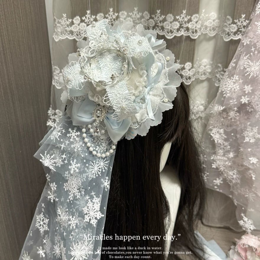 雪花ベールの戴冠式 クラウンリボンレース甘ロリミニハットヘッドドレス