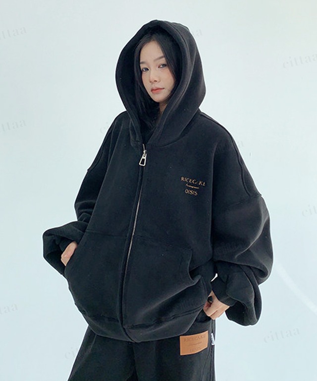 ★予約★D-1334　2026秋新作♡【セットアップ可能】RICECAKE刺繍ロゴフリーズジップアップフーディー　ブラック