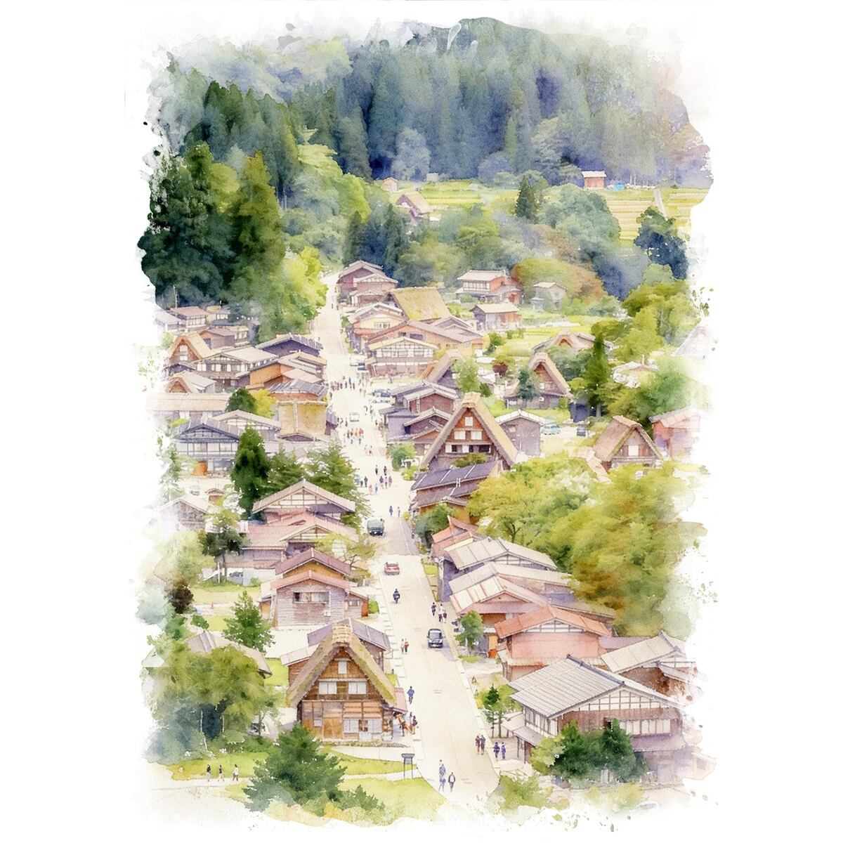 絵画 日本 岐阜県 白川郷の風景 インテリアアート額付き 水彩画・油絵風 WAT0061