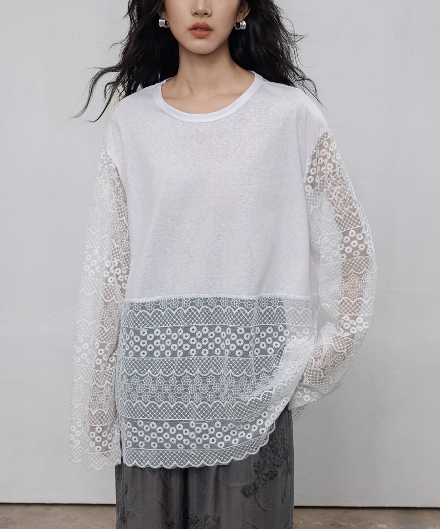 リネン混◆レース使いTシャツ【t-10584】