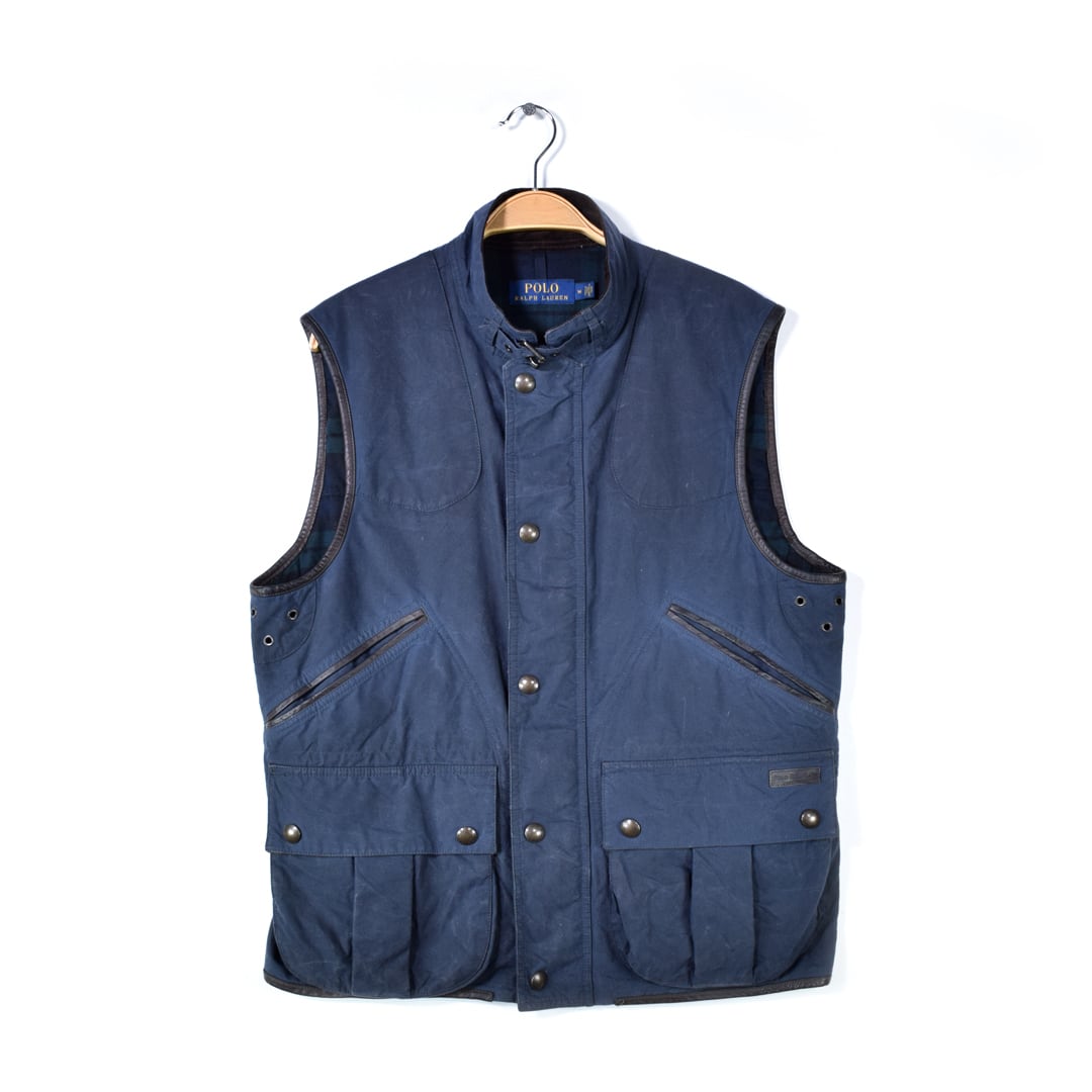 ラルフローレン オイルドベスト パイピング ブラックウォッチ 紺 ネイビー RALPH LAUREN サイズM 古着 @CJ0107